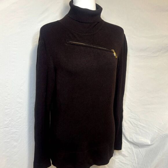 Cache Turtleneck Brown Asymmetrical Womens Sweater Long Sleeve Designer - Picture 2 of 8